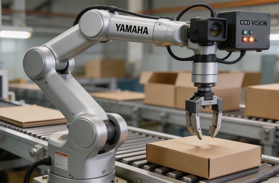 Yamaha robotic arm and CCD vision positioning system integrated in the box making production line
